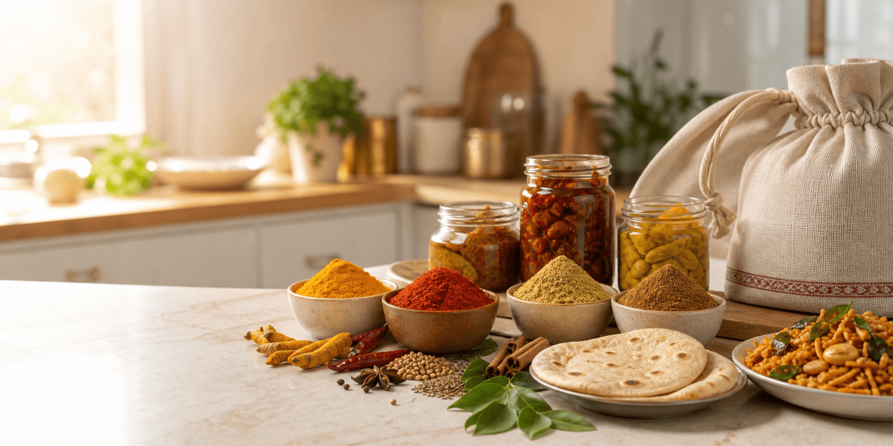 Homemade masala powders, pickles, spices, and Indian food arranged on a kitchen counter